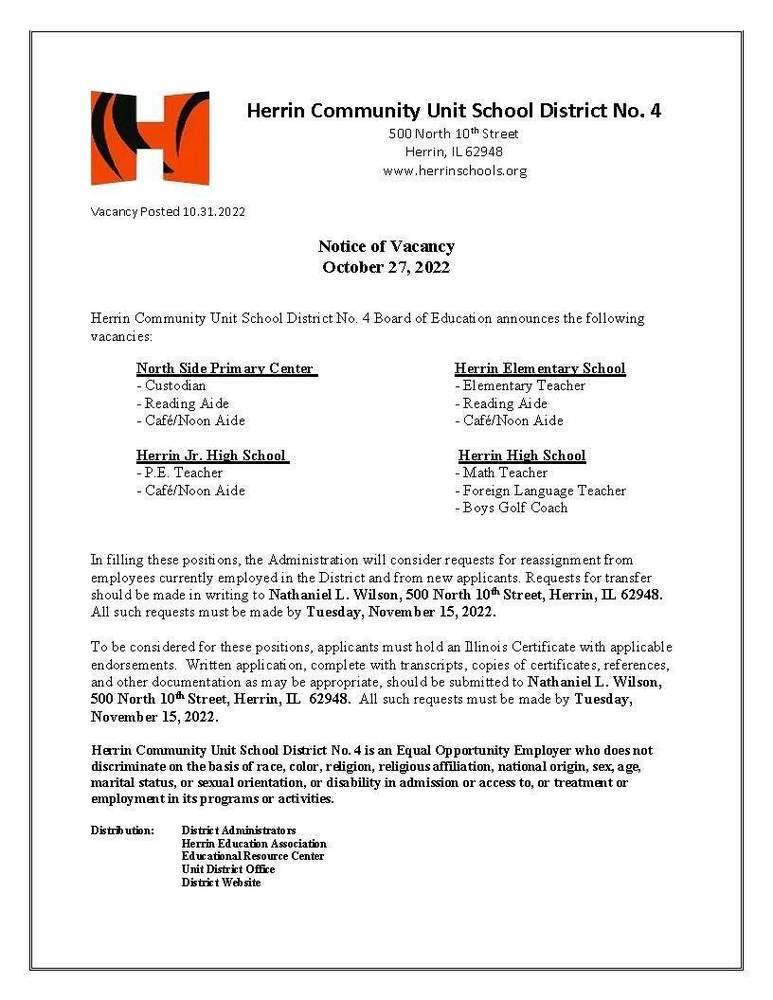 Notice of Vacancy | Herrin Community Unit School District No. 4