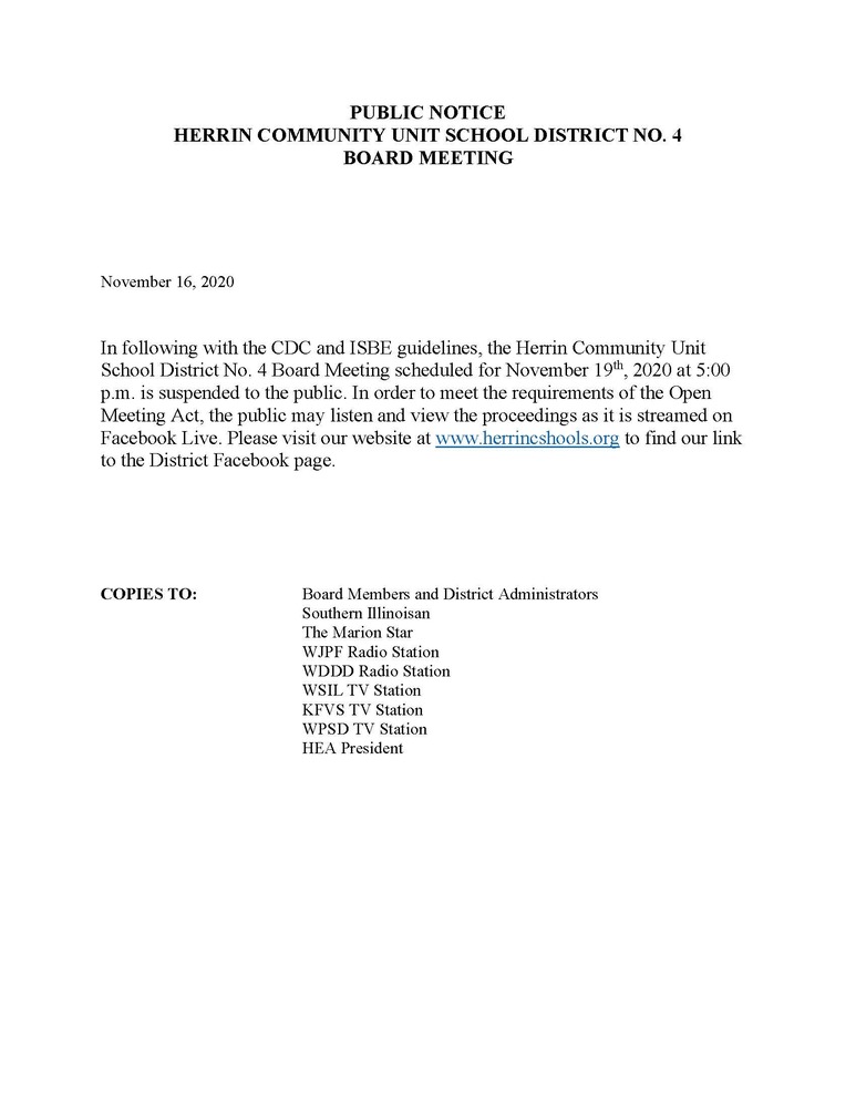 Public Notice - Board Meetings Suspended to Public