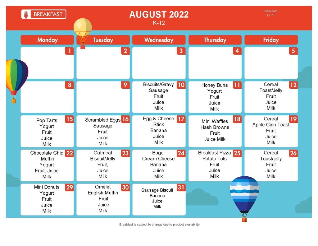 August 2022 Breakfast Menu