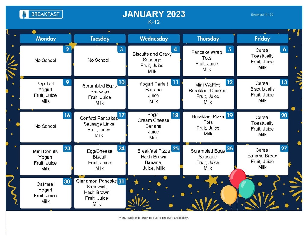 January 2023 Breakfast Menu