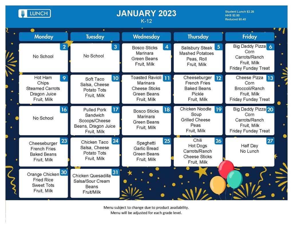January 2023 Lunch Menu