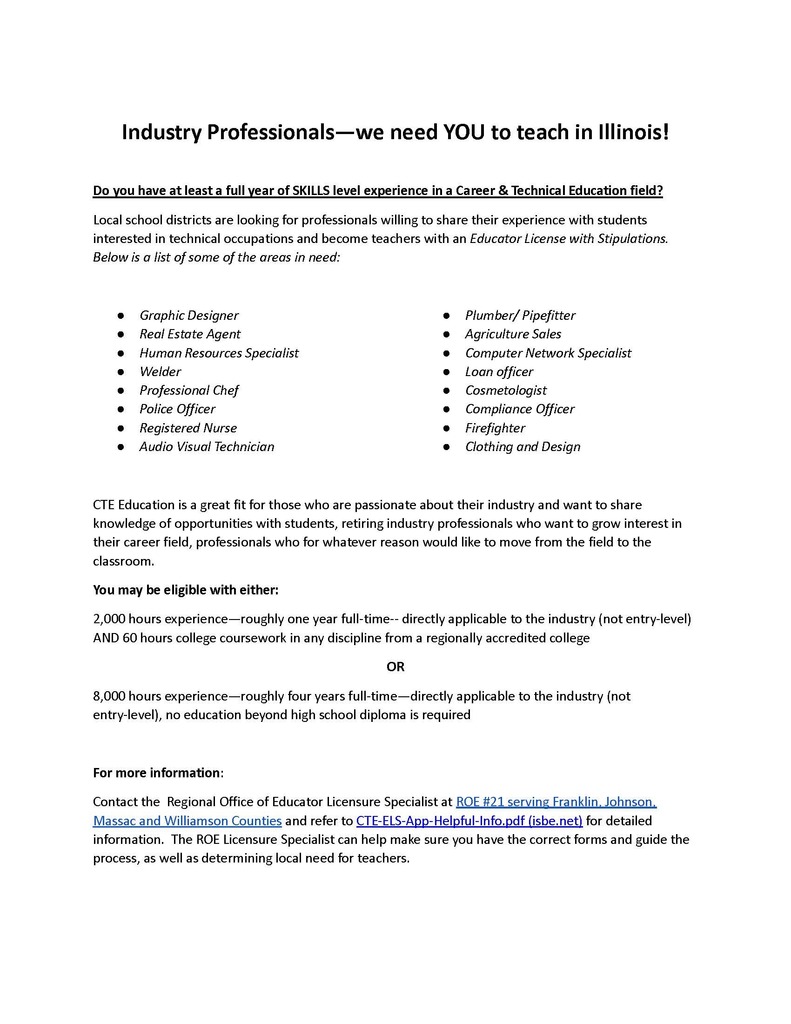 Illinois CTE Teachers Needed