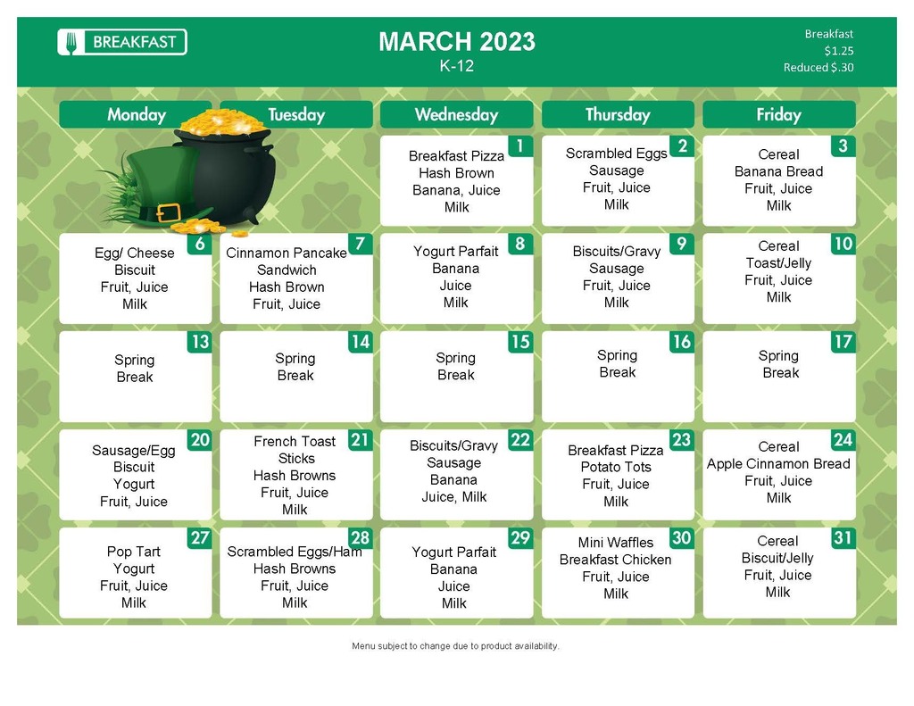 March 2023 Breakfast Menu