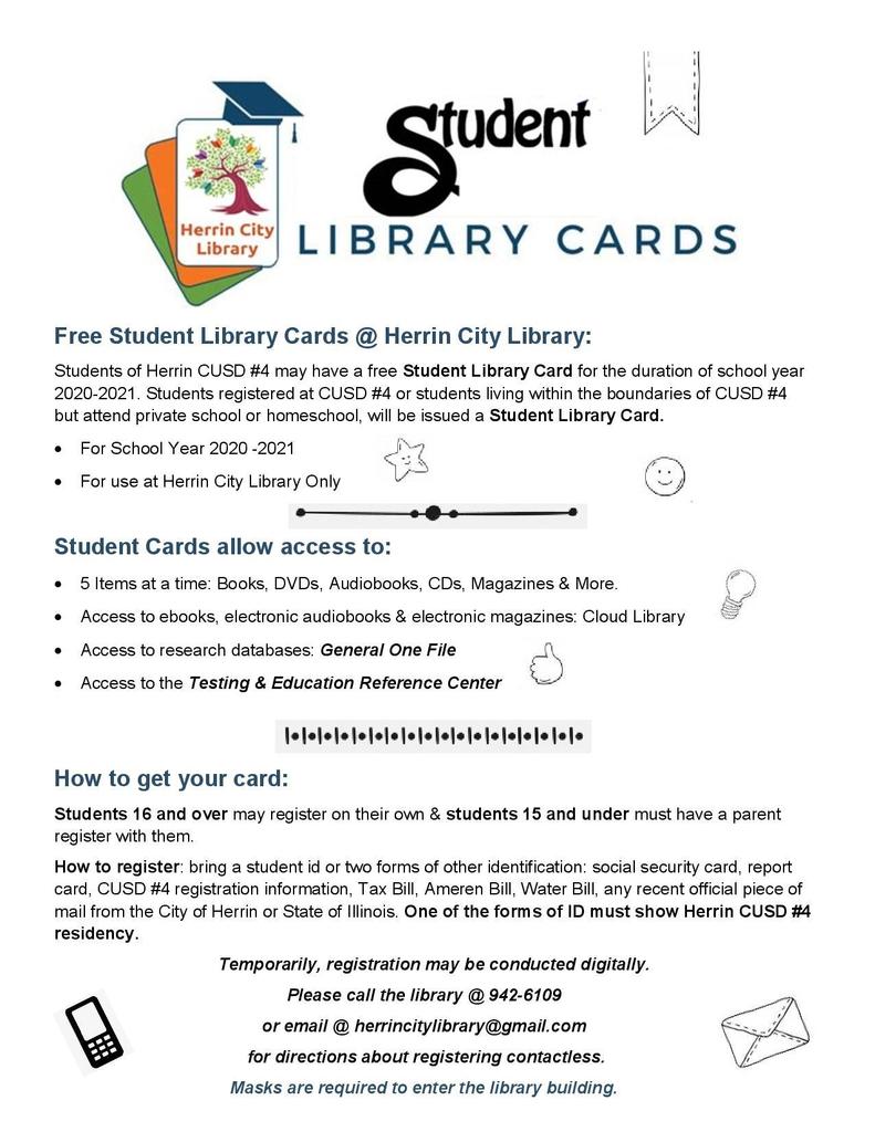 Free student library cards for Herrin City Library.