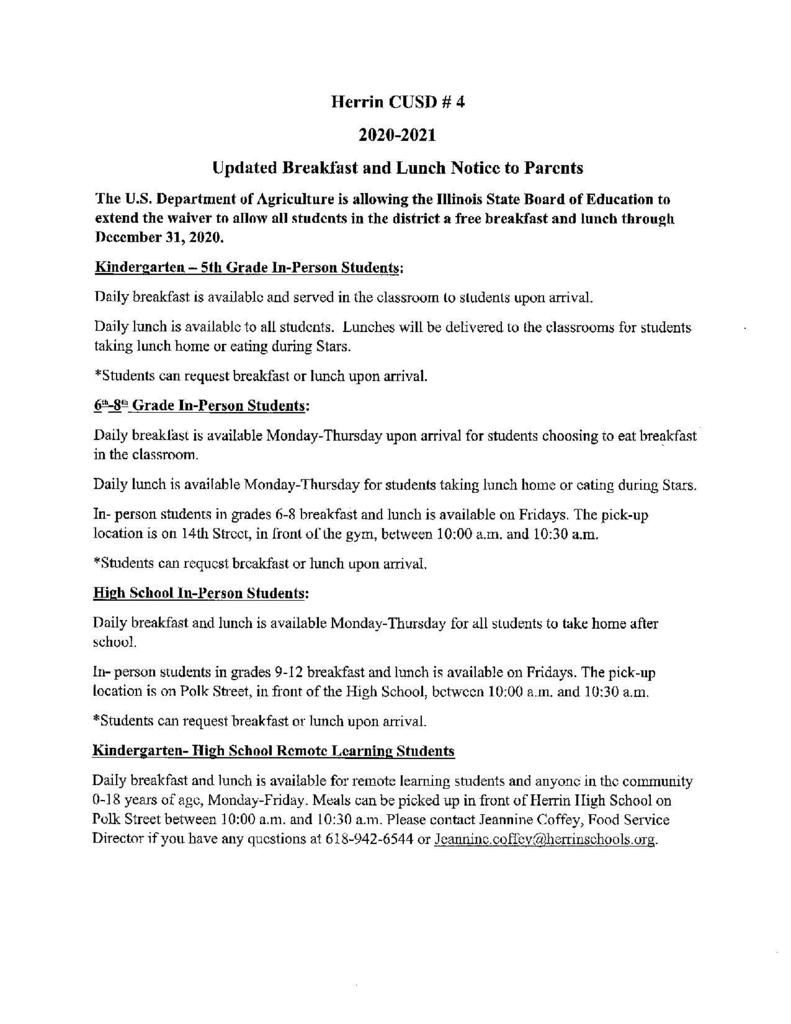 Updated breakfast and lunch notice to parents 